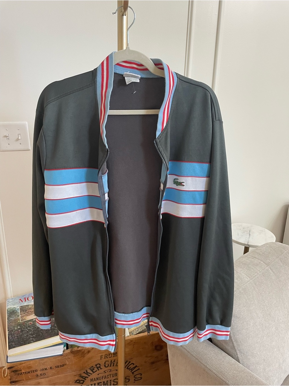 Lacoste Green Bomber Jacket with Blue and White Stripes